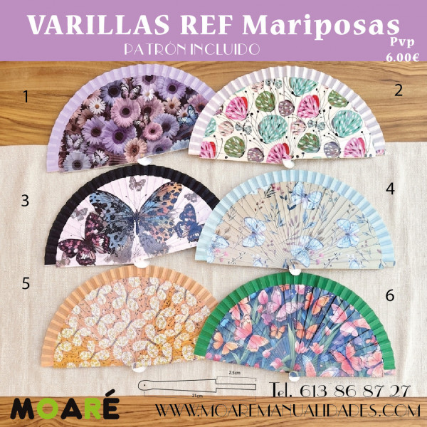 Varillas abanico MARIPOSAS + patrón 2.5cm